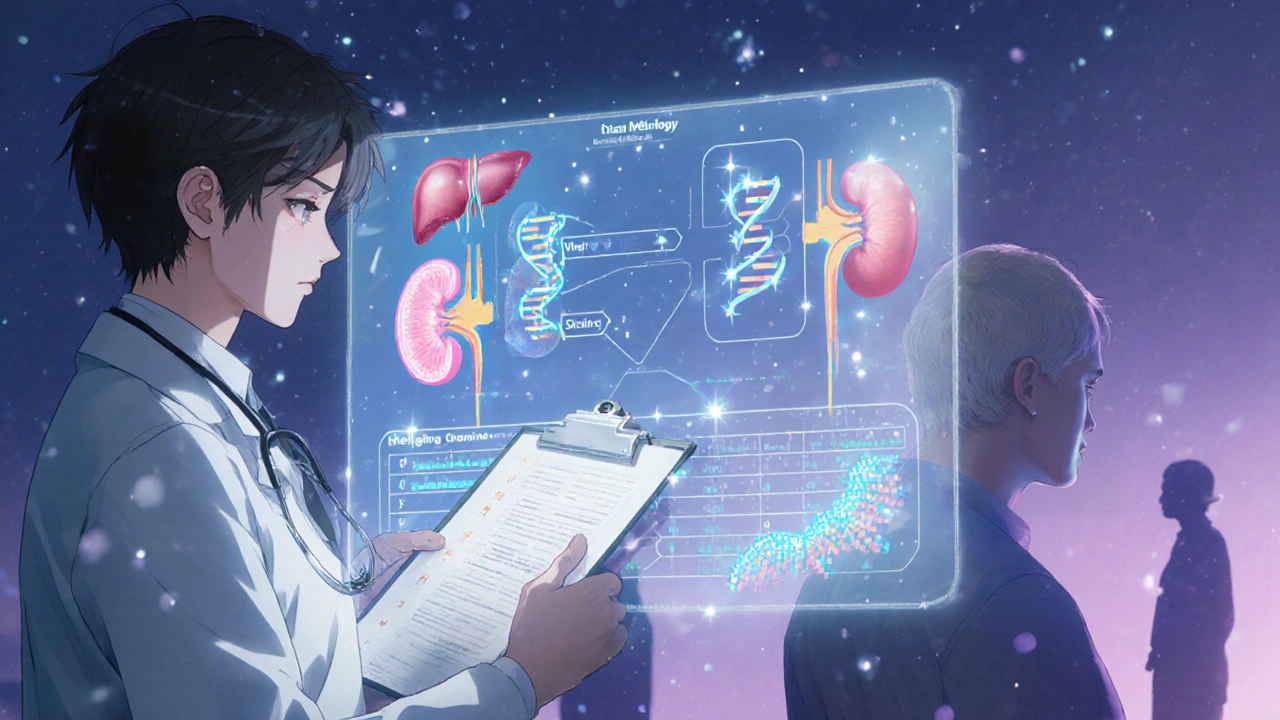 A holographic interface showing liver and kidney models with glowing DNA methylation sites.