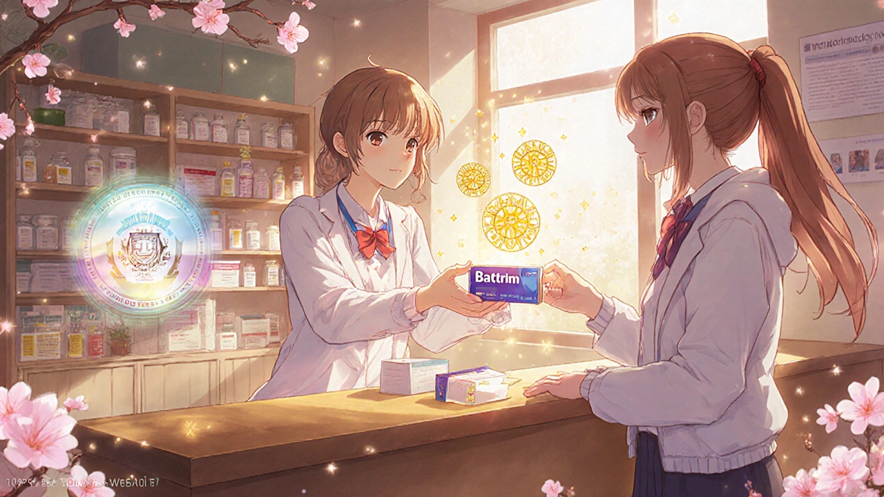 A kind pharmacist hands a patient generic Bactrim in a warm clinic, with magical seals and cherry blossoms in the background.