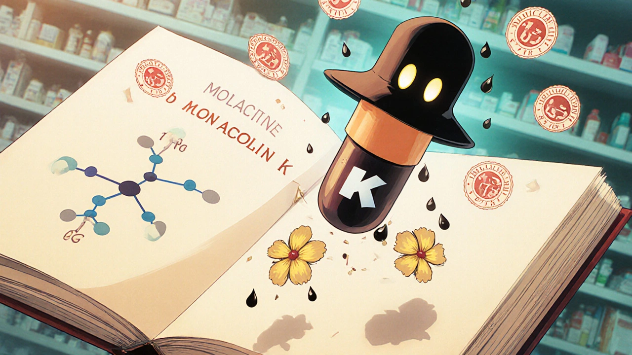 A medical book reveals identical molecules as a mold spirit drops toxic droplets, USP seals crumbling in the background.
