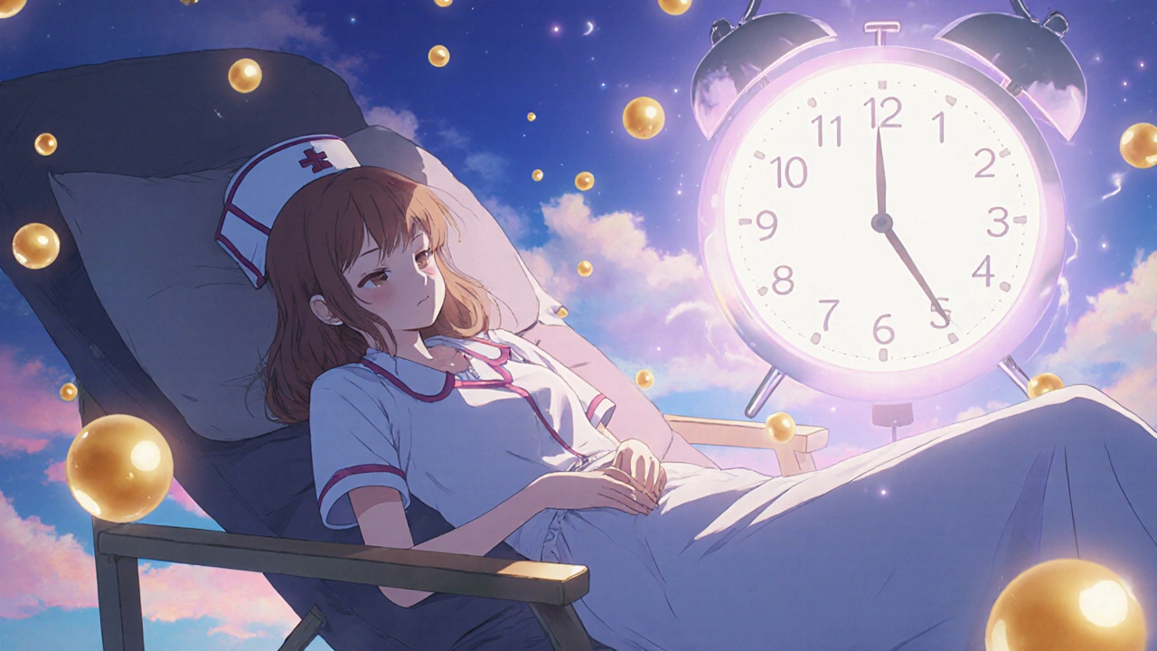 A nurse napping peacefully in a dim nap room, surrounded by glowing sleep-energy orbs and a counting alarm clock.
