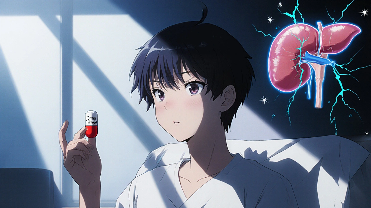 A patient holding red yeast rice and a statin pill as muscle fibers break behind them, with damaged organs glowing faintly.