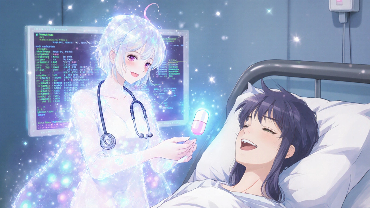 A patient smiles as a gentle spirit replaces their medication with a glowing blue pill, surrounded by health data.