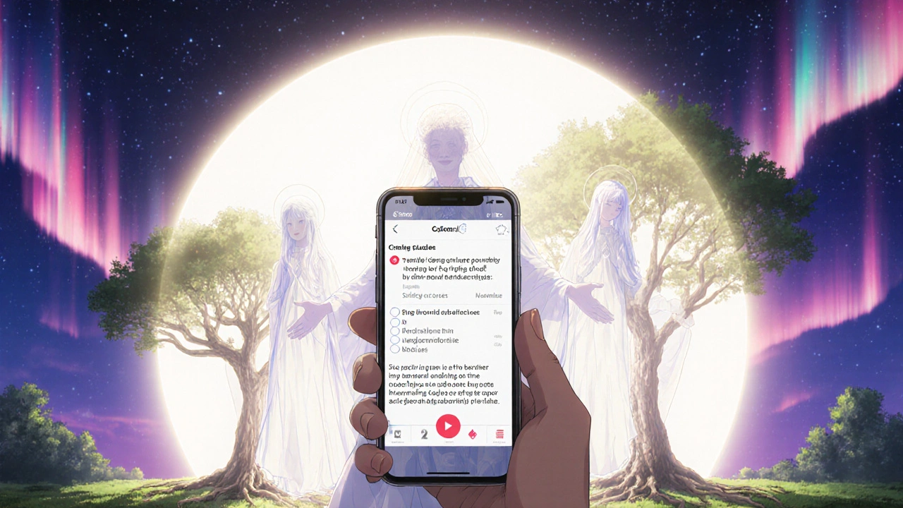 A person uses a smartphone app for cravings while spiritual guides stand beside them, represented as radiant trees of support and growth.