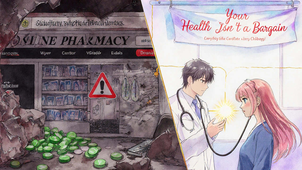 A split scene: one side shows a toxic fake pharmacy, the other a safe clinic with healing energy connecting them.