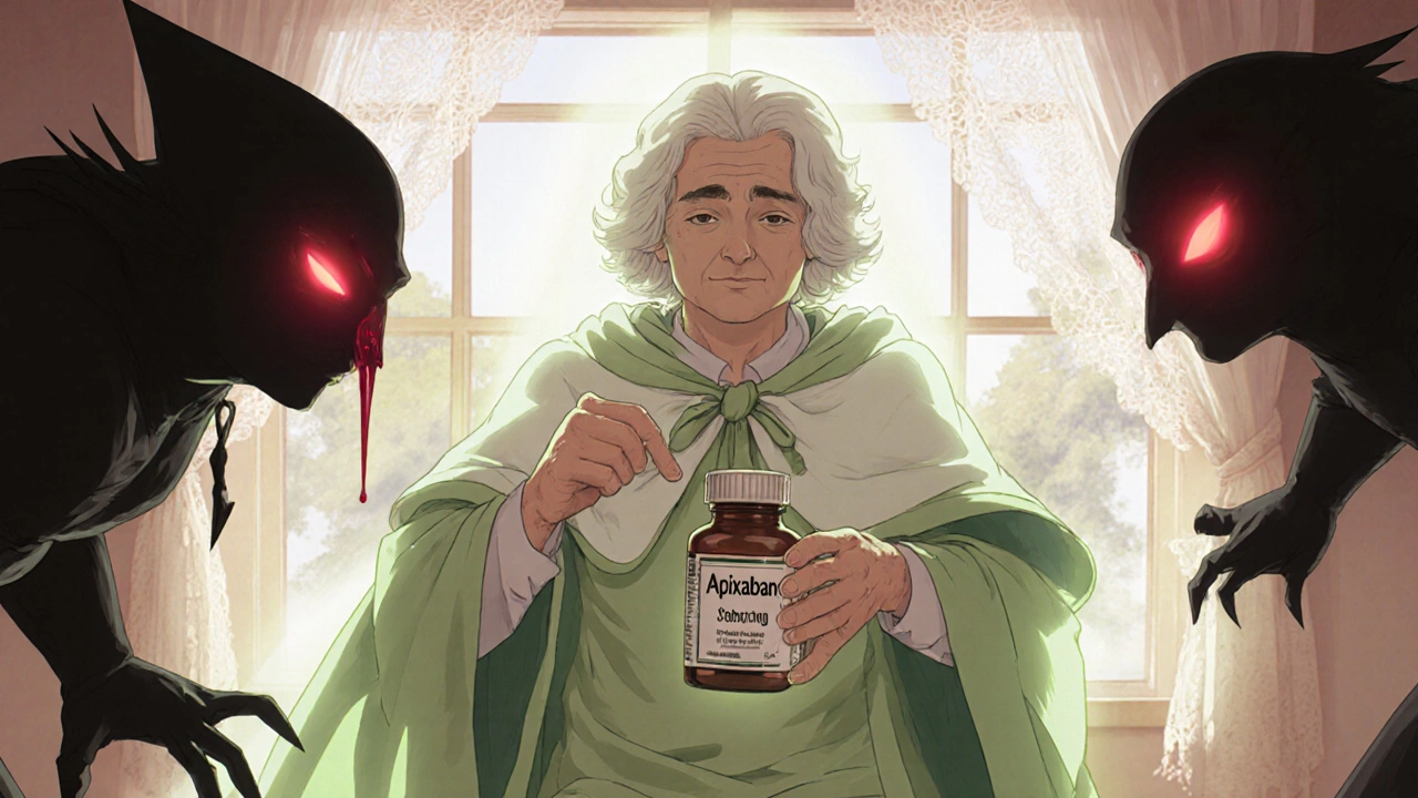 An elderly person holding apixaban as a protective spirit blocks bleeding, brain, and heart threats in soft morning light.