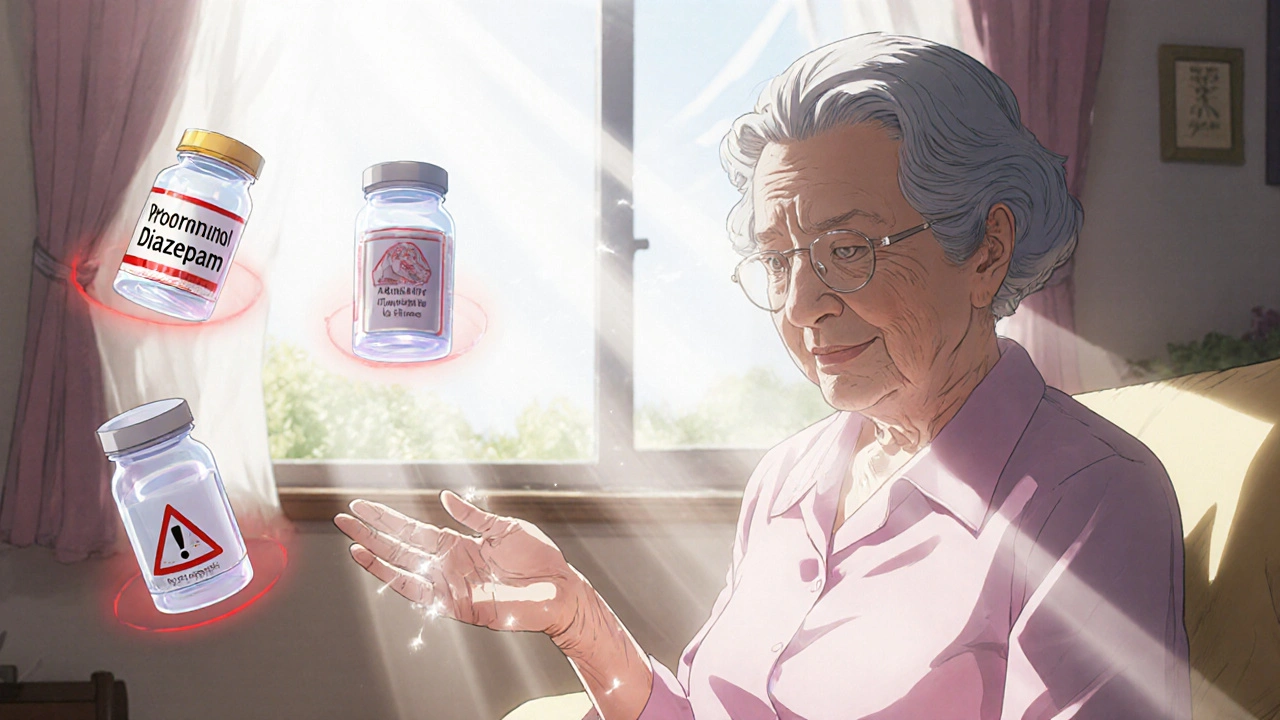 An elderly woman surrounded by floating, warning-haloed pill bottles in a sunlit room.