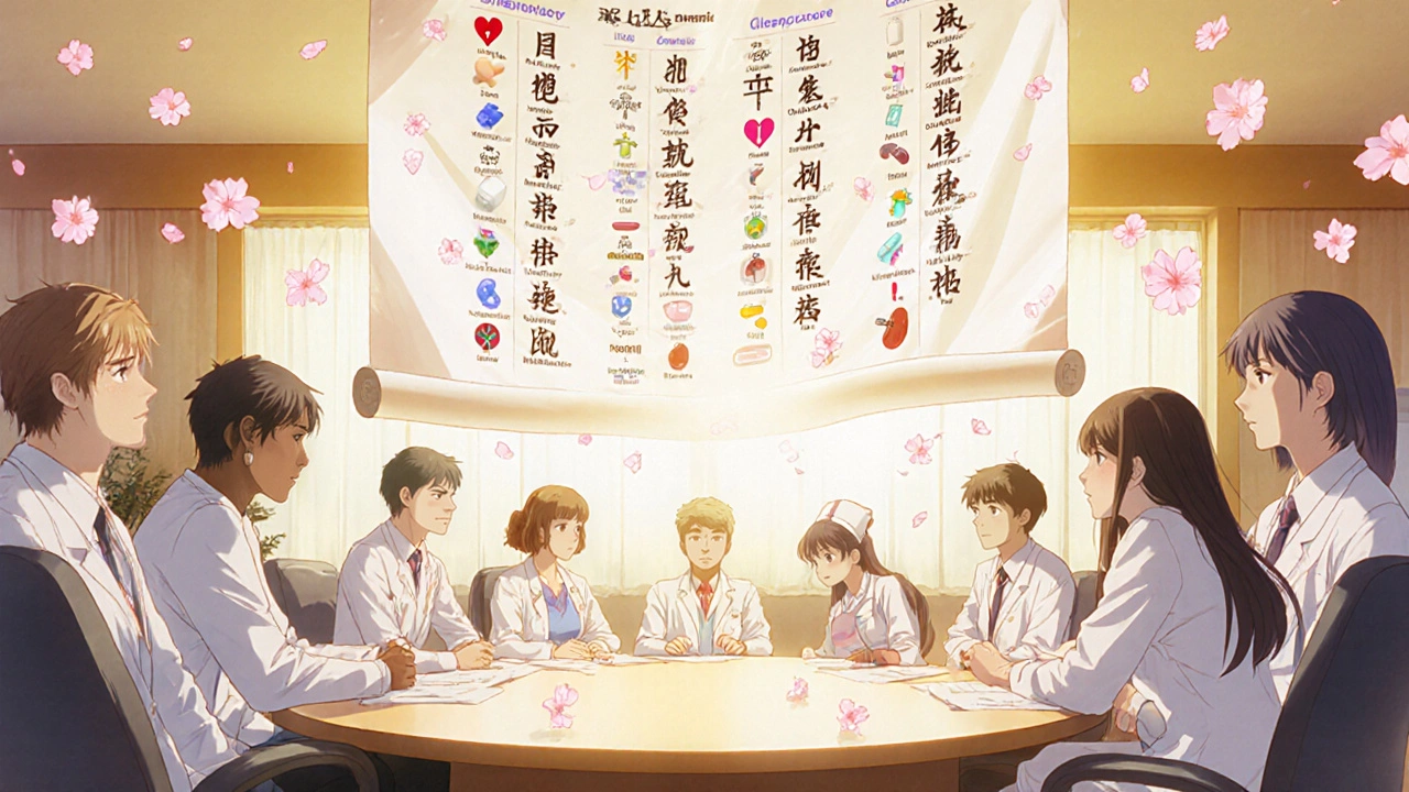 Clinicians gather around a floating formulary scroll with animated health icons orbiting approved drugs.