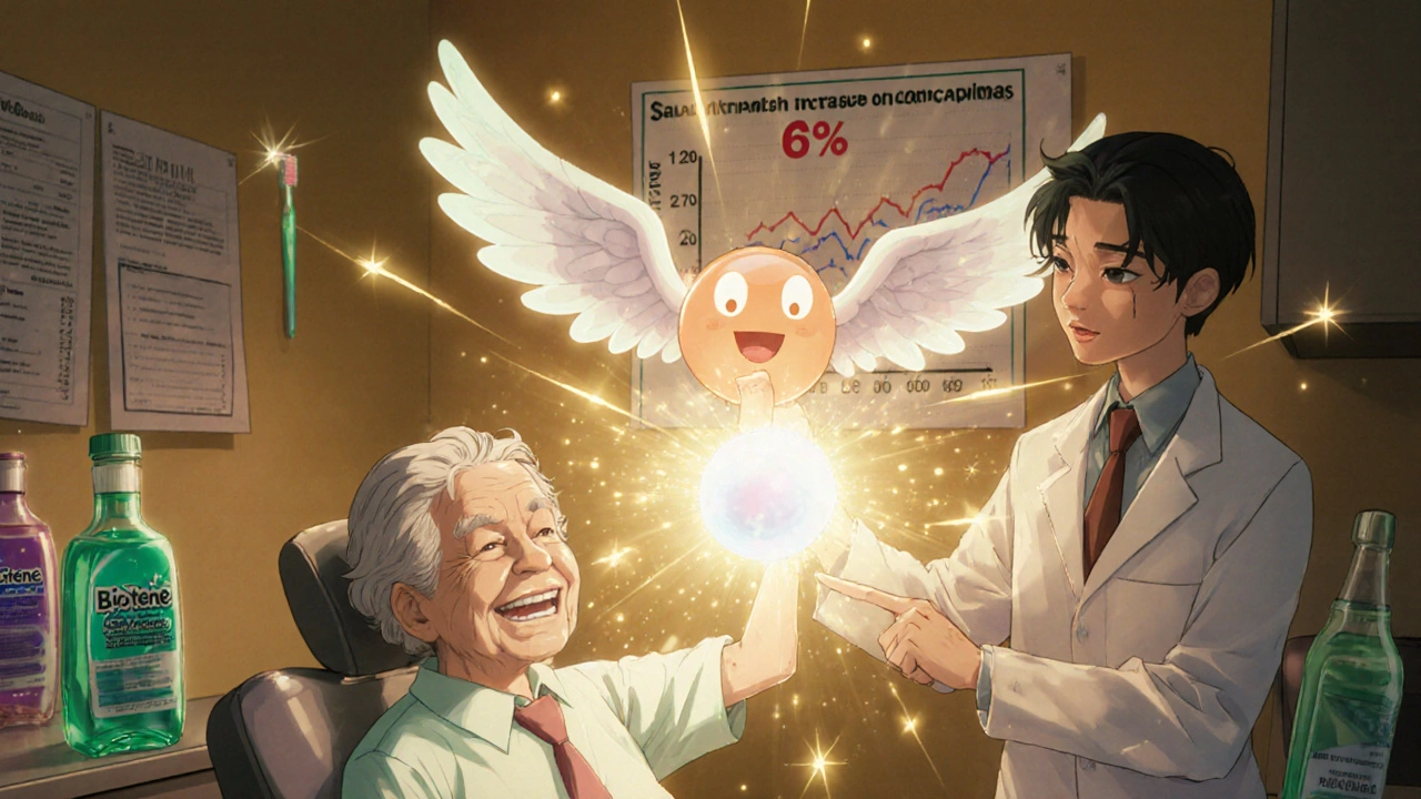 Dentist showing patient a glowing saliva molecule, warm tones, magical dental care theme.