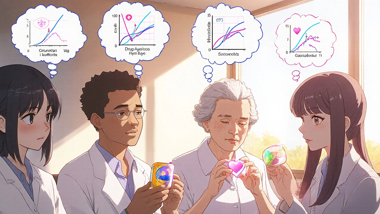 Diverse patients in clinic with thought bubbles showing drug absorption diagrams, one holding a pill with a glowing heart.
