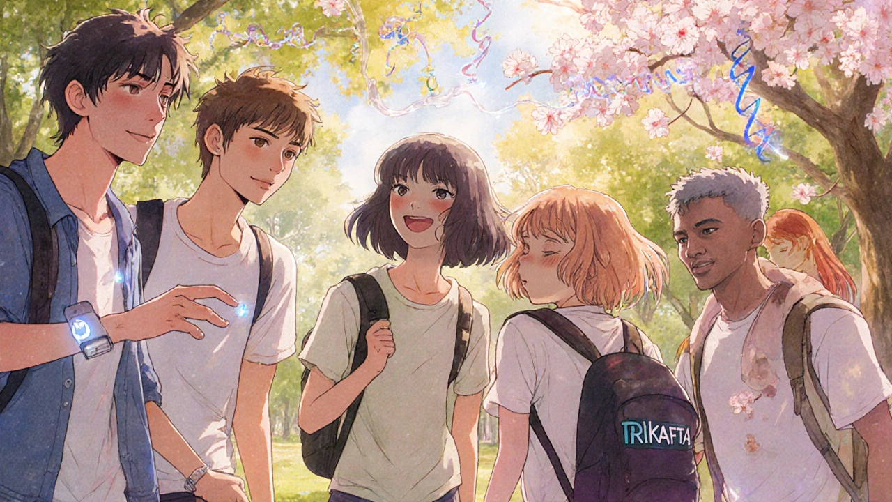 Diverse teens laughing in a park with DNA strands like cherry blossoms