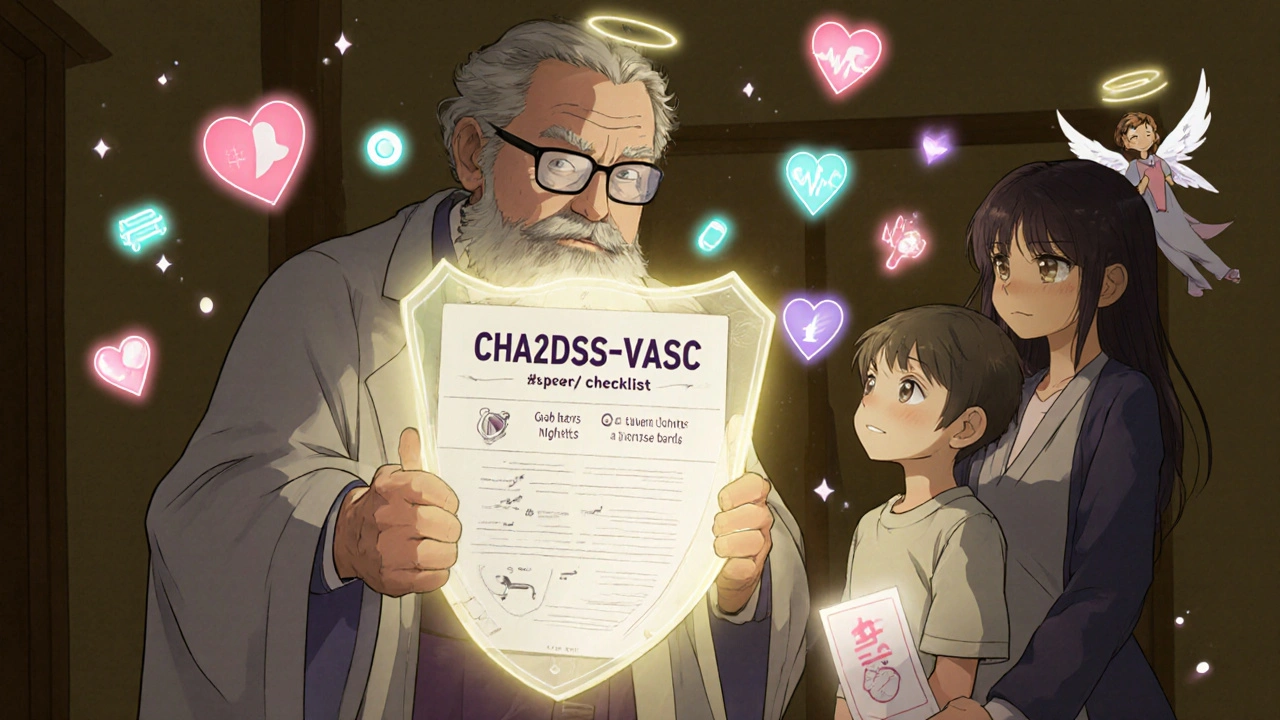 Doctor and family reviewing fall prevention plan with floating safety icons and pulsing heart symbols.