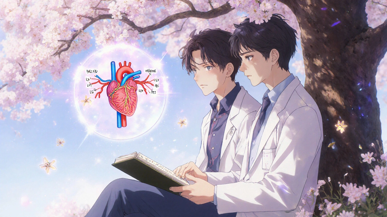 Doctor and patient under cherry blossoms, floating diagram shows connected heart and penis with healthy blood flow.