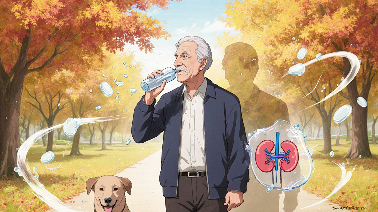 Elderly man drinking water while walking his dog, heart and kidney shield in shadow.