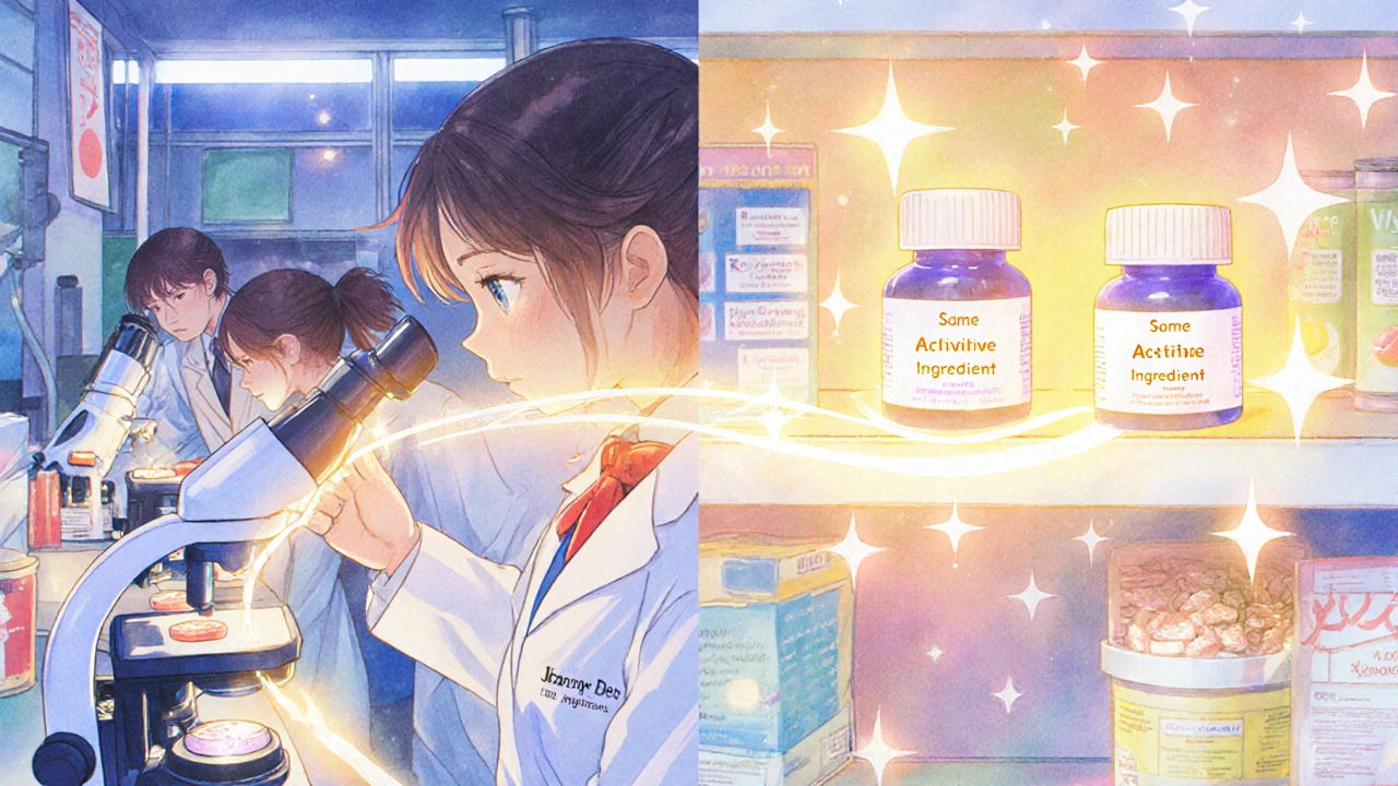 Factory and pharmacy scenes connected by a glowing thread showing identical pills, FDA inspection sparkles above.