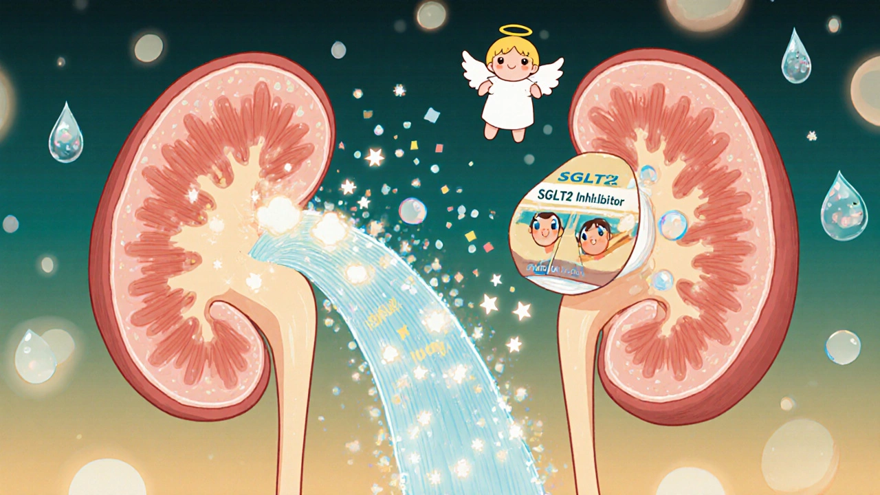 Glowing kidneys flushing out glucose crystals like sparkling confetti.
