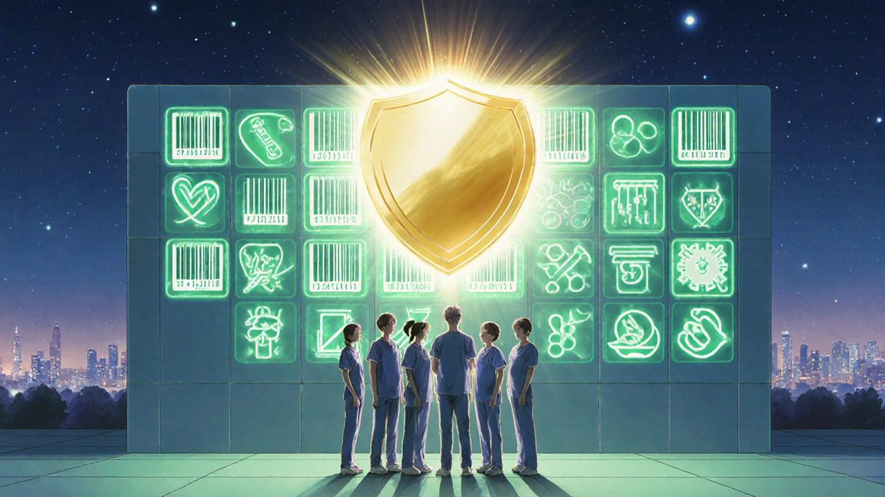 Healthcare workers standing beneath glowing safety icons that protect patients, illuminated by warm green light at night.