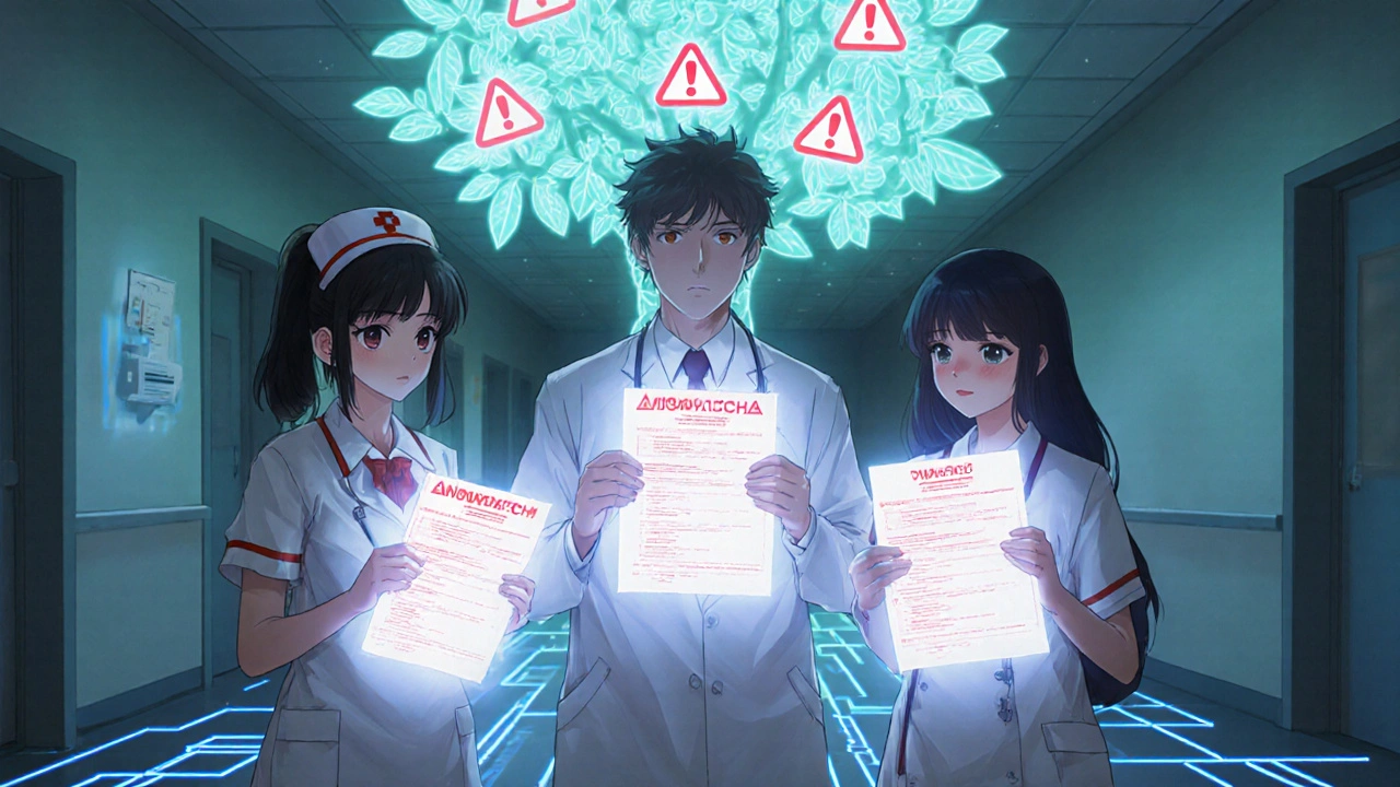 Healthcare workers surrounded by glowing adverse event reports forming a data tree in a hospital hallway.