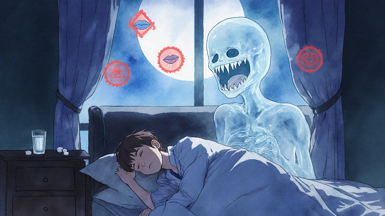 Person collapsing on couch as bacterial figure looms, warning symbols floating in the air