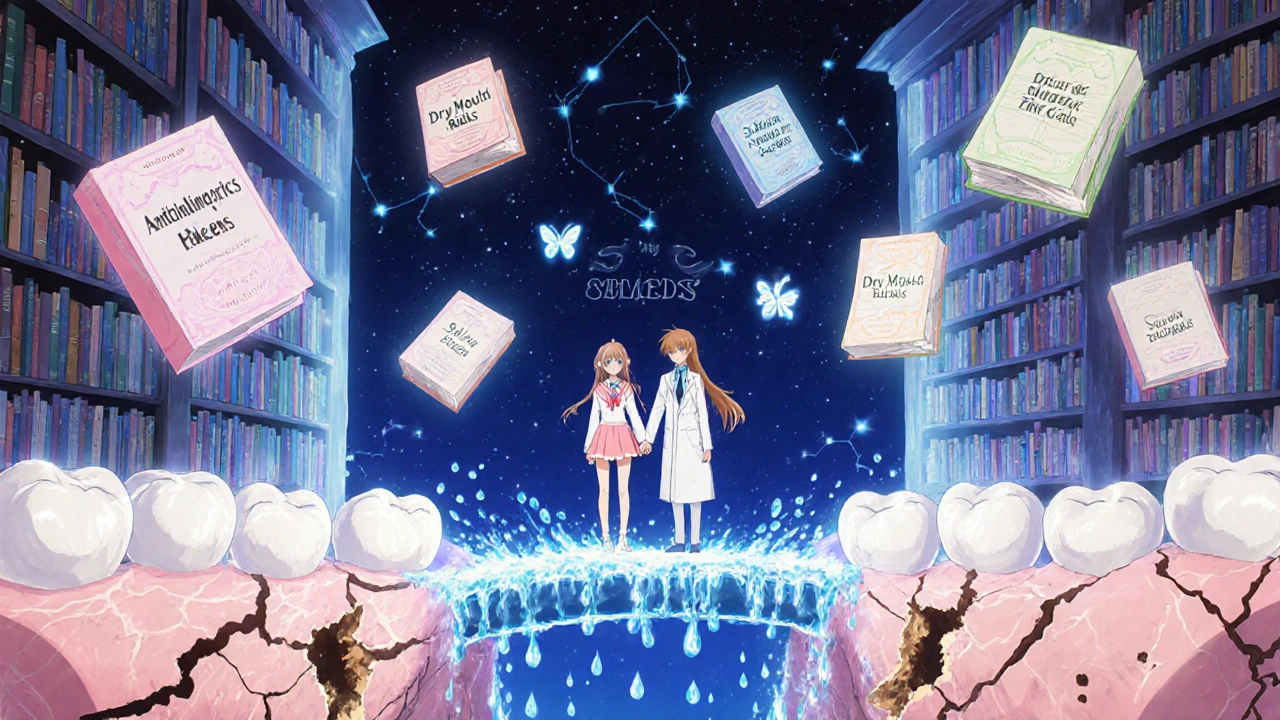 Pharmacist and doctor connecting with water droplet bridge, floating books about dry mouth.