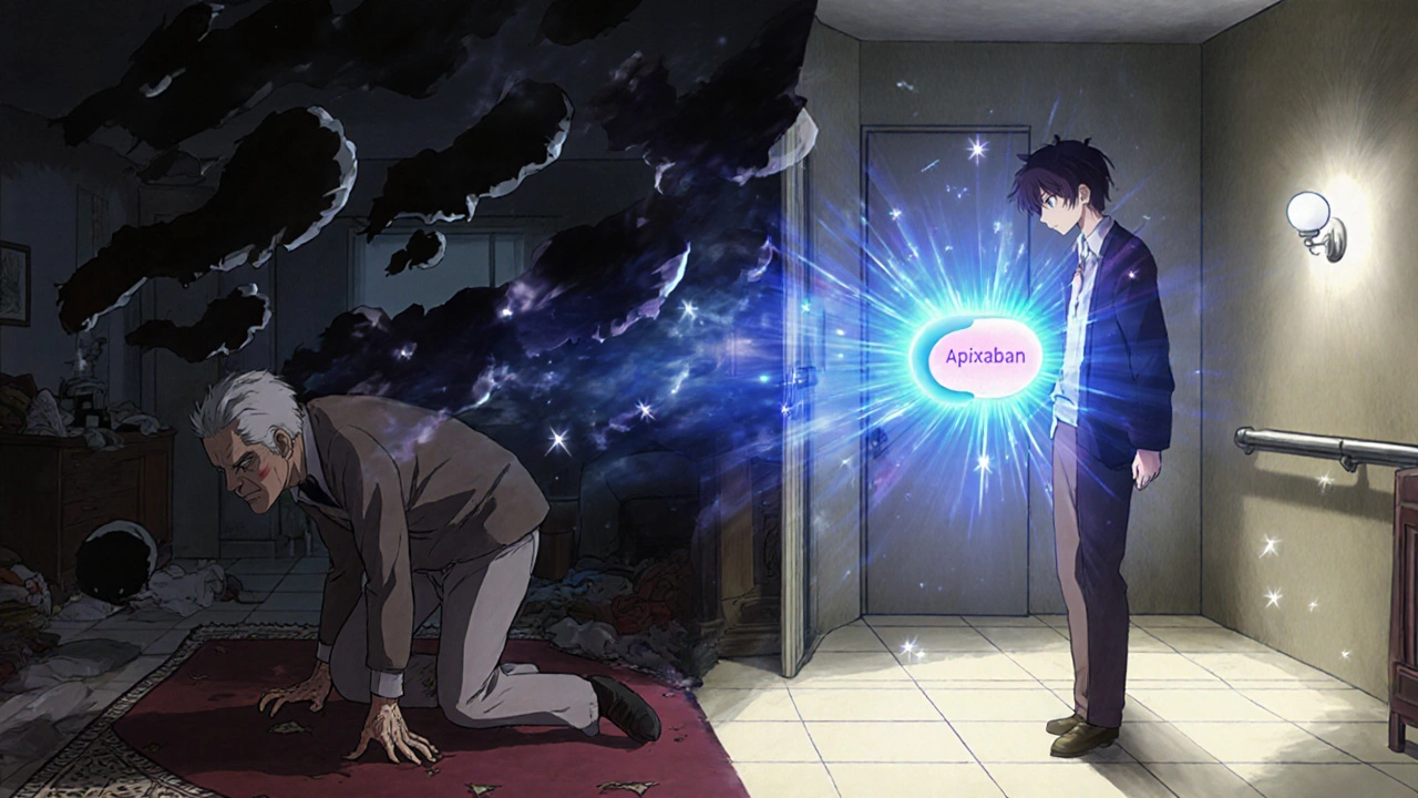 Senior protected by a glowing pill aura while shadowy clots are blocked, contrasting unsafe and safe home environments.