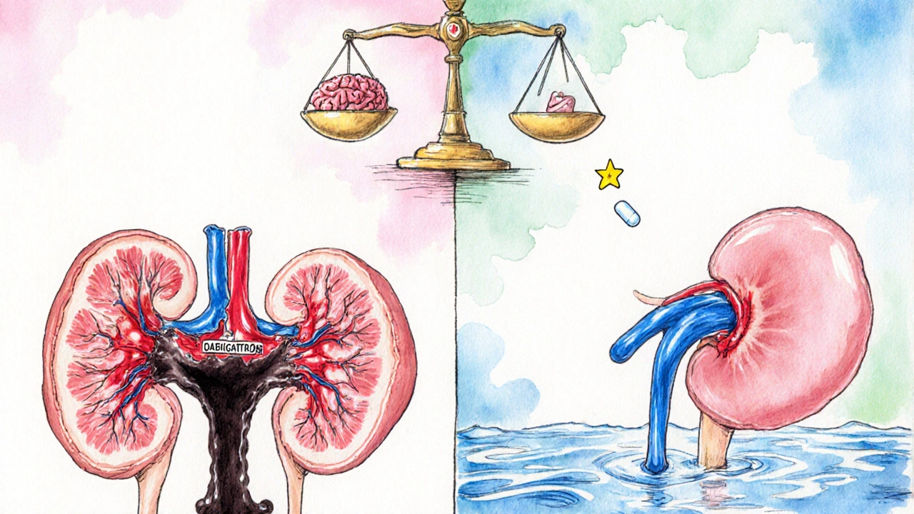 Split image: damaged kidney leaking vs healthy kidney with apixaban pill, balanced by heart, brain, and stomach icons.