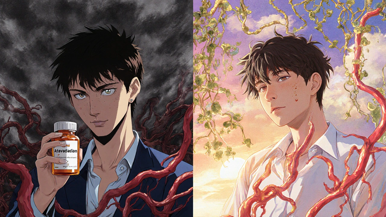 Split scene: anxious man with tangled arteries vs. same man with healthy glowing vessels and sunrise background.
