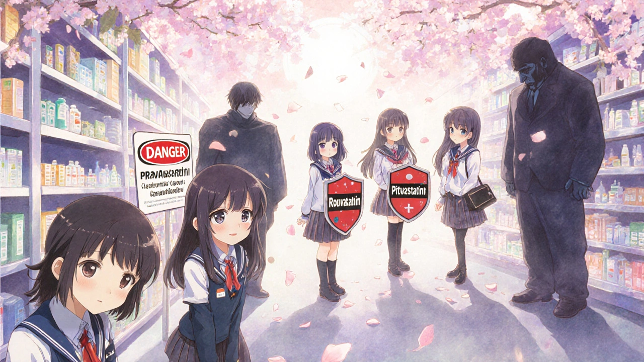 Statins as students on a shelf: dangerous ones hiding from shadowy drugs, safe ones standing in sunlight with protective shields.