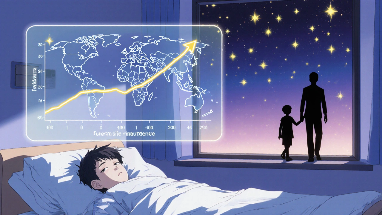 Teen sleeping as holographic life expectancy chart glows above, starry sky outside