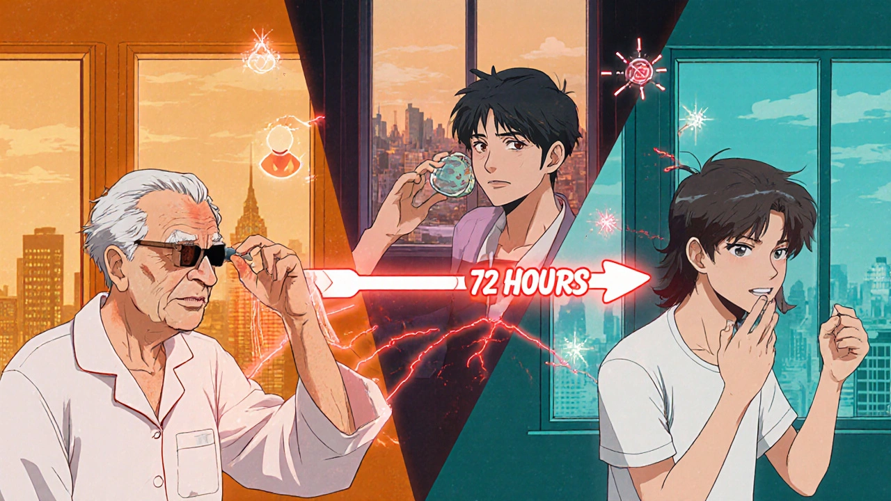 Three adults with fever warning signs and glowing timeline, telehealth portals glowing nearby