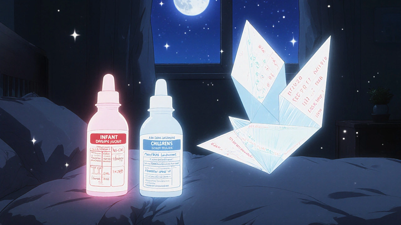 Two glowing medicine bottles with animated dosing chart unfolding like origami in a child&#039;s room.