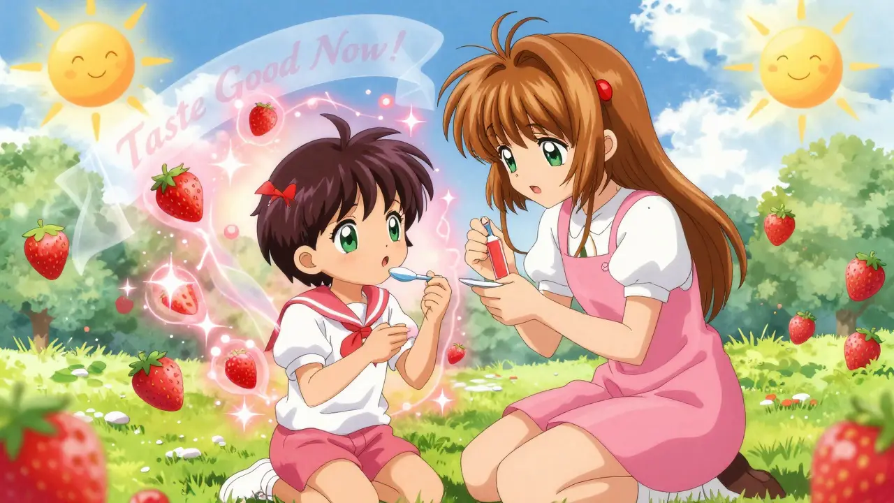 A child's medicine turns into magical strawberry sparkles, transforming the scene into a joyful, dreamlike landscape.