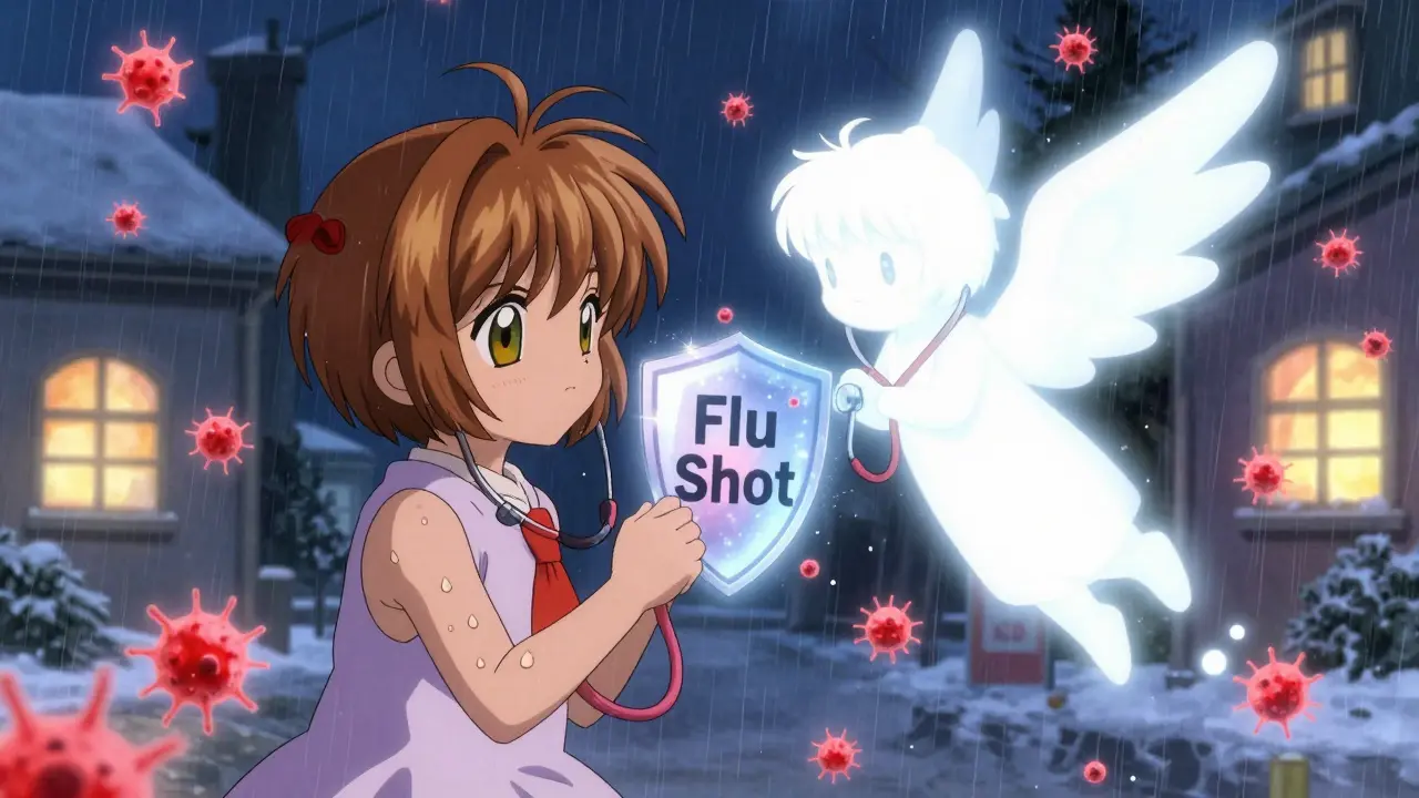 A child protected by a glowing guardian from harmful bacteria shaped like red stars.