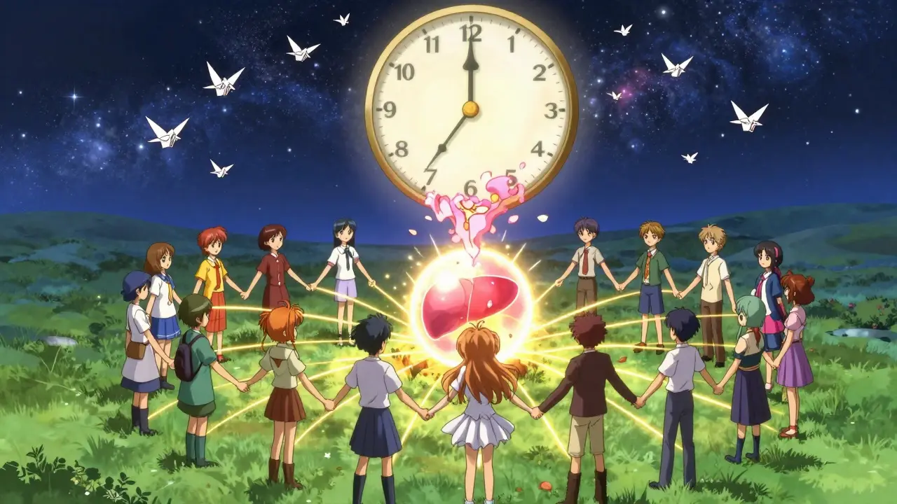 A circle of people connected by golden threads to a radiant liver orb, with healing cranes flying into a starry sky.