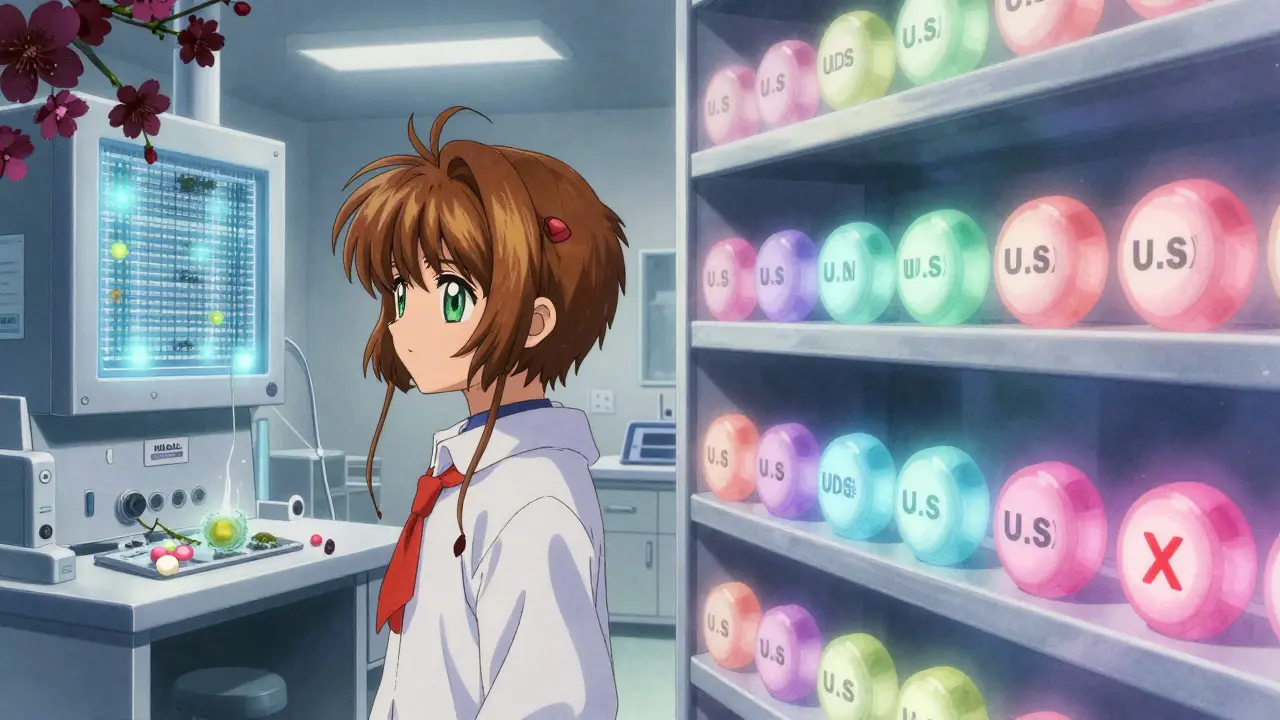 A cleanroom in India with mold spores blooming like flowers, contrasted with mislabeled pills on a hospital shelf.