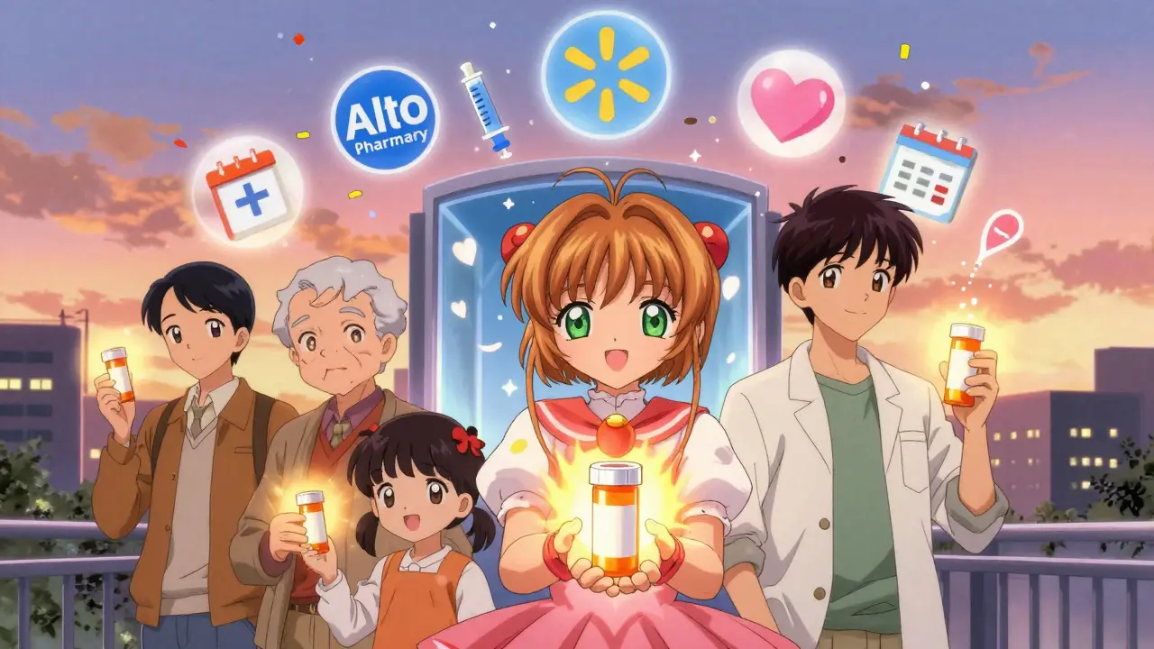 A diverse group holds glowing prescription bottles as pharmacy logos shimmer like magical emblems in a twilight city.