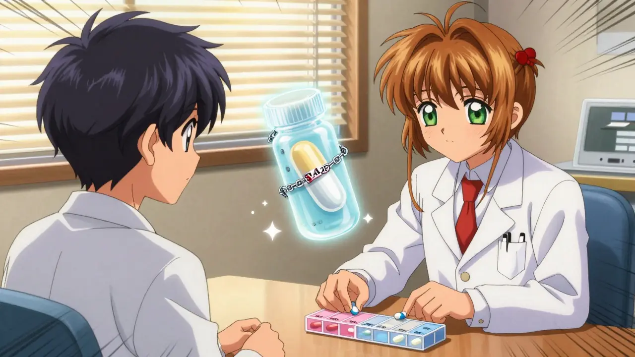 A doctor and patient at a clinic, with two generic pills on a table and a ghostly expensive combo pill above them.