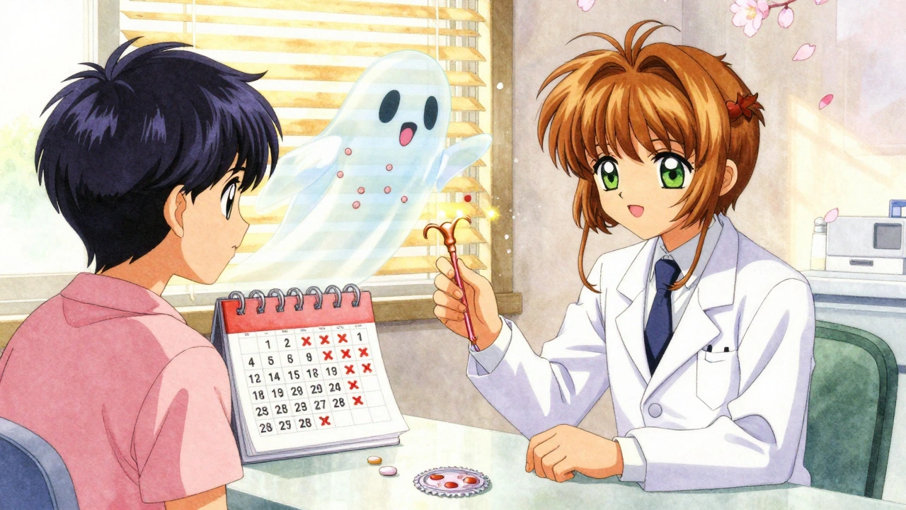 A doctor places a copper IUD on a table beside a calendar marked with 28 red X&#039;s, while birth control pills crumble nearby.