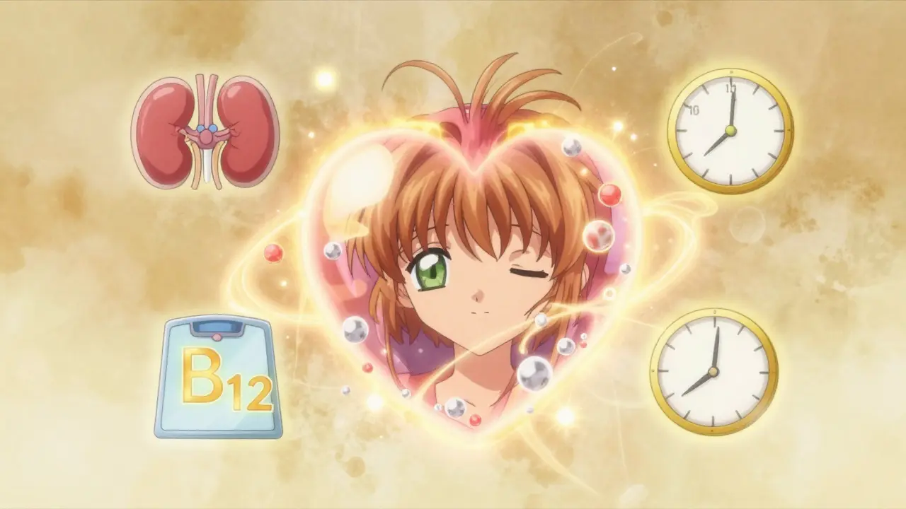 A glowing heart with metformin molecules and health icons, symbolizing long-term safety and balance.