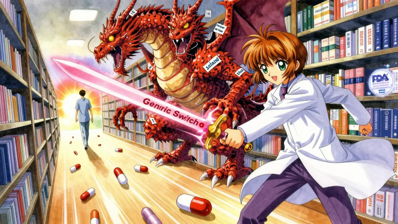 A hero in a lab coat fighting a dragon made of branded combo pills, with generic pills lighting a path toward sunrise.
