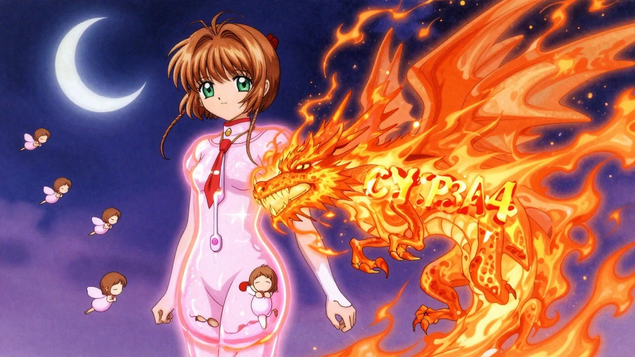 A magical barrier protects a woman&#039;s body with an IUD, while a fiery enzyme dragon consumes hormone pills outside.