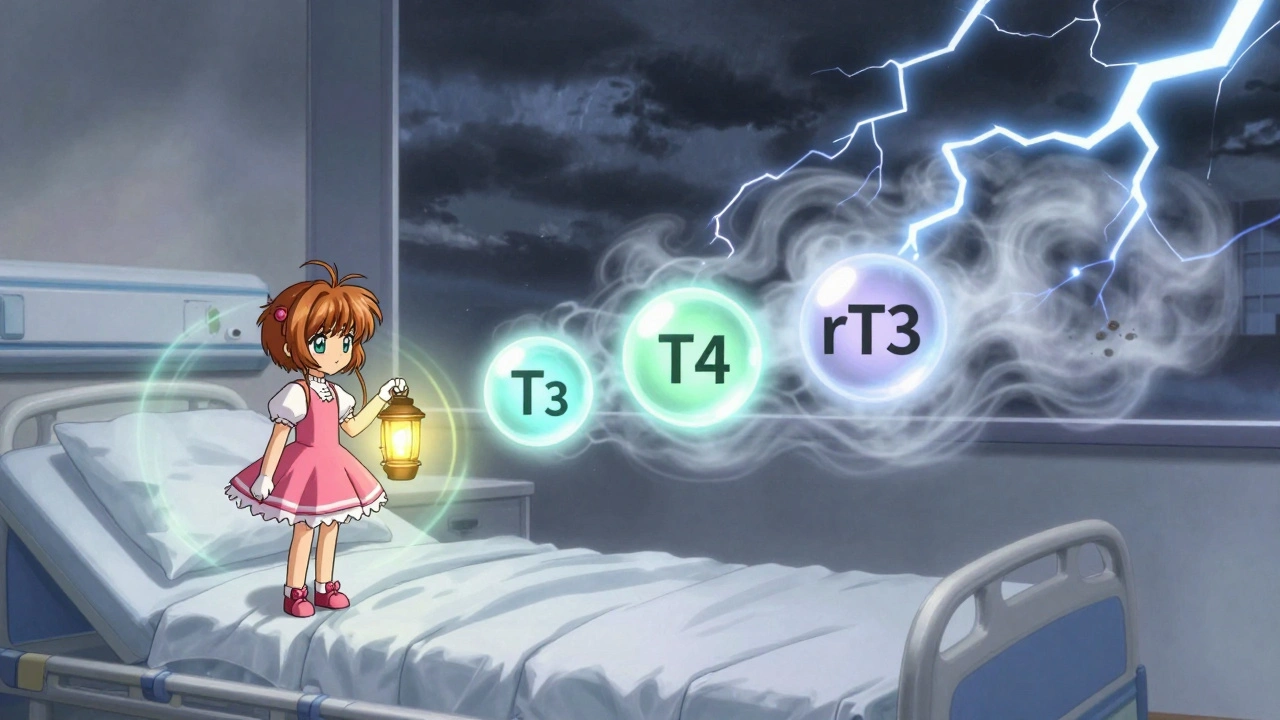A magical medical battle scene with TSH holding a lantern while T3, T4, and rT3 dim into mist under cytokine lightning.