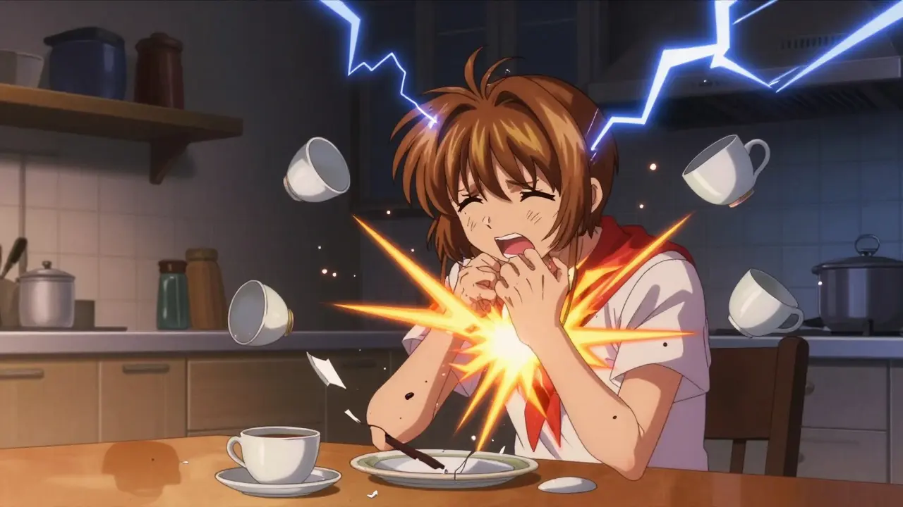 A man trembling with golden and crimson energy sparks, representing anxiety triggered by bupropion's stimulant effects.