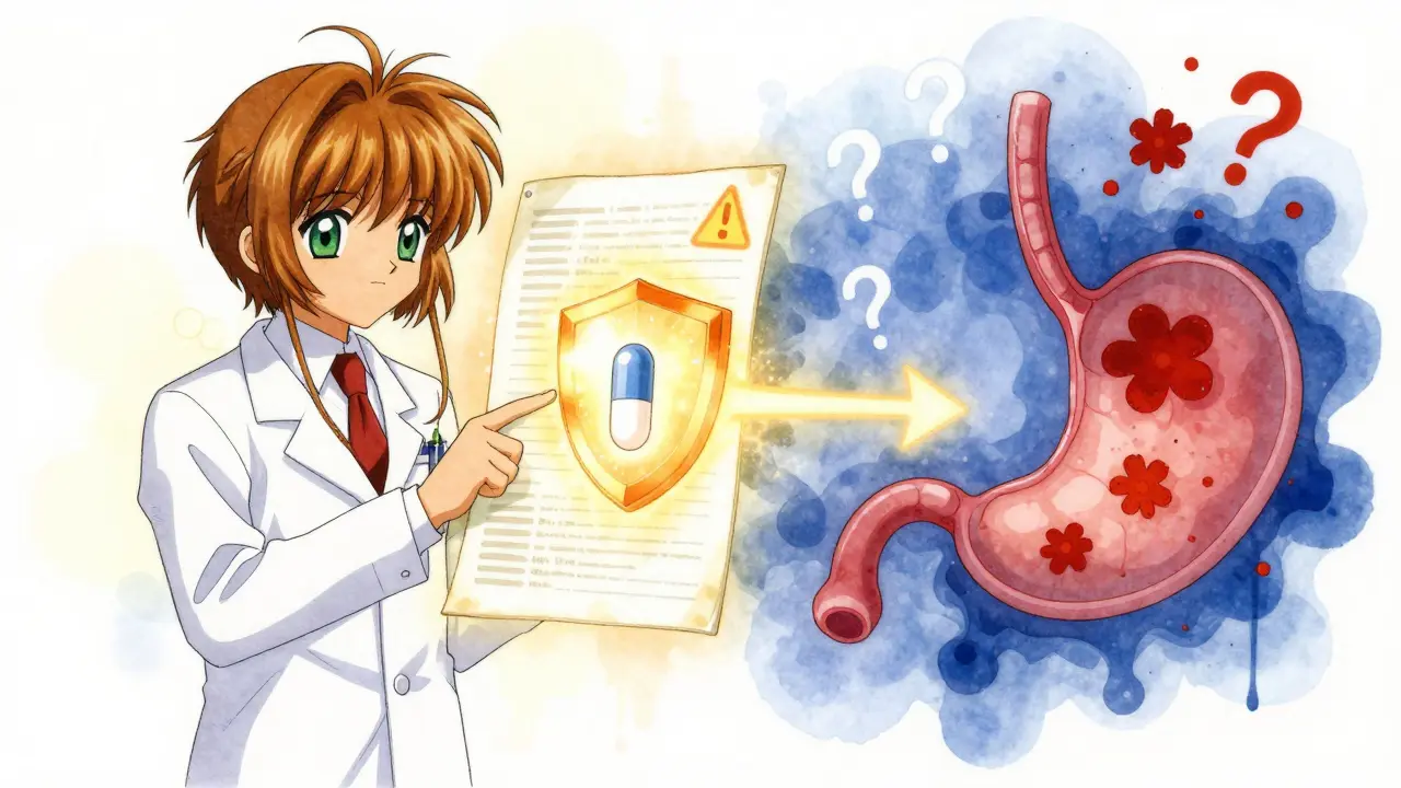 A medical chart splitting into safe and risky paths with PPI protection and stomach damage in anime style.