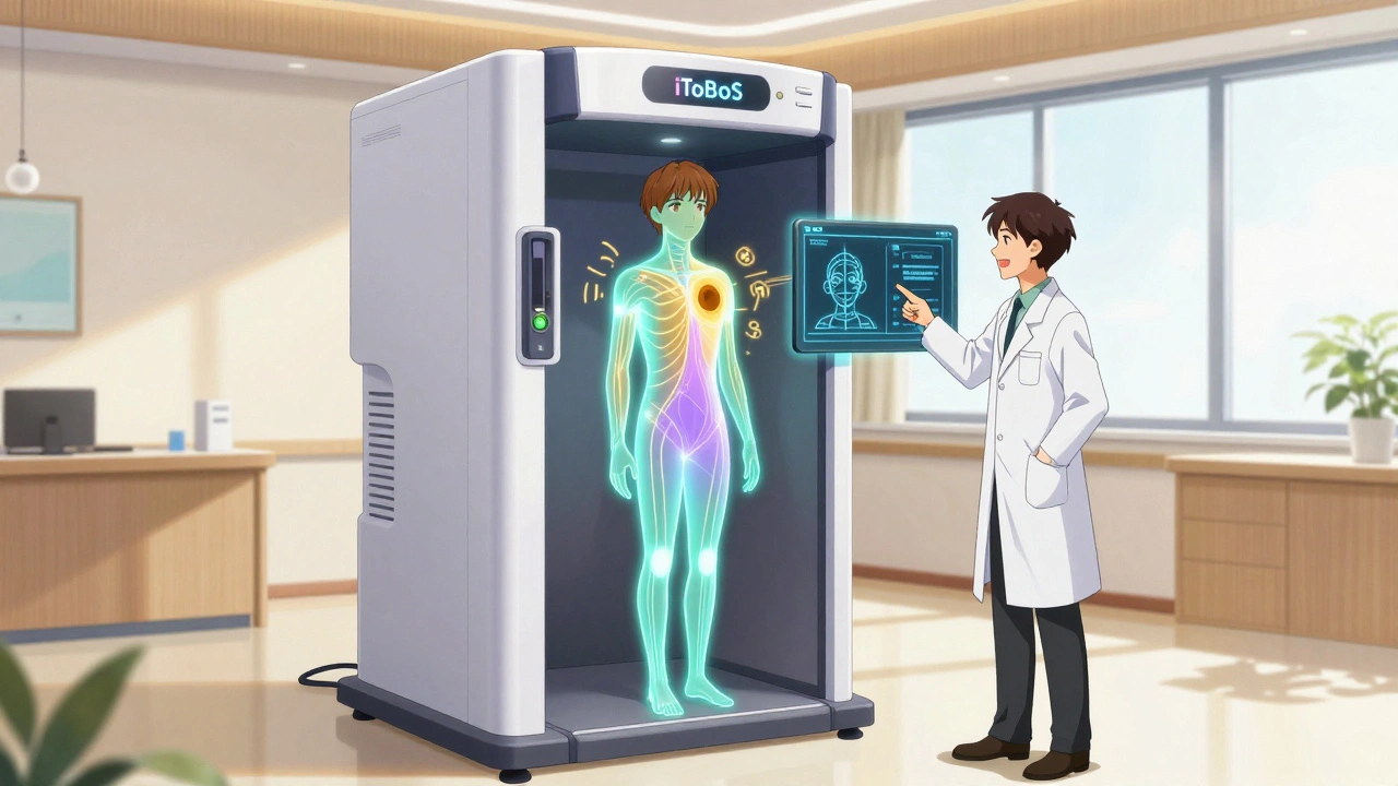 A patient is scanned by a futuristic machine that visualizes skin patterns with radiant color gradients in a clinic.