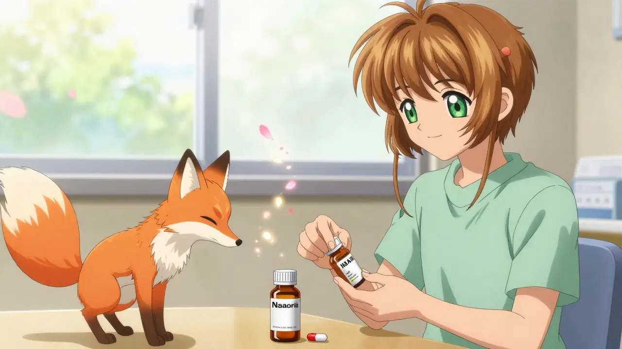 A patient switching to safer pain relief as a guardian fox spirit fades away in blooming petals.