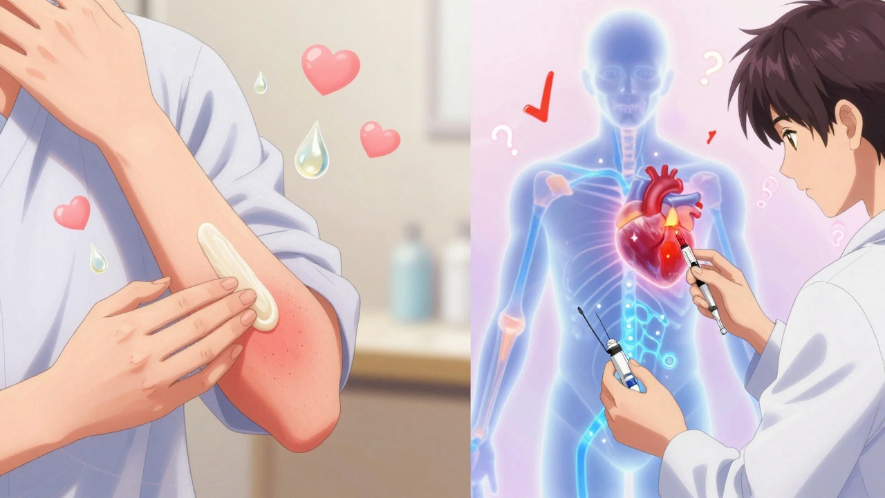 A person applying moisturizer on one side, receiving a biologic injection on the other, with glowing immune pathways and healing light.