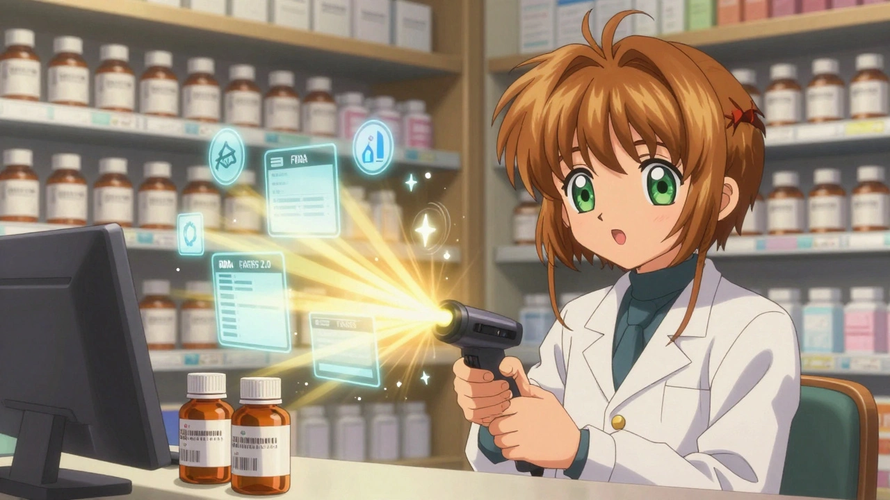 A pharmacist scans a generic drug bottle, golden light emitting digital FDA icons into the air.