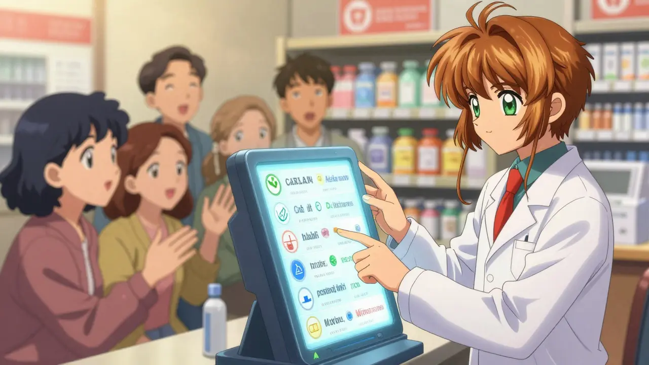 A pharmacist using a digital kiosk to find culturally appropriate medication options.