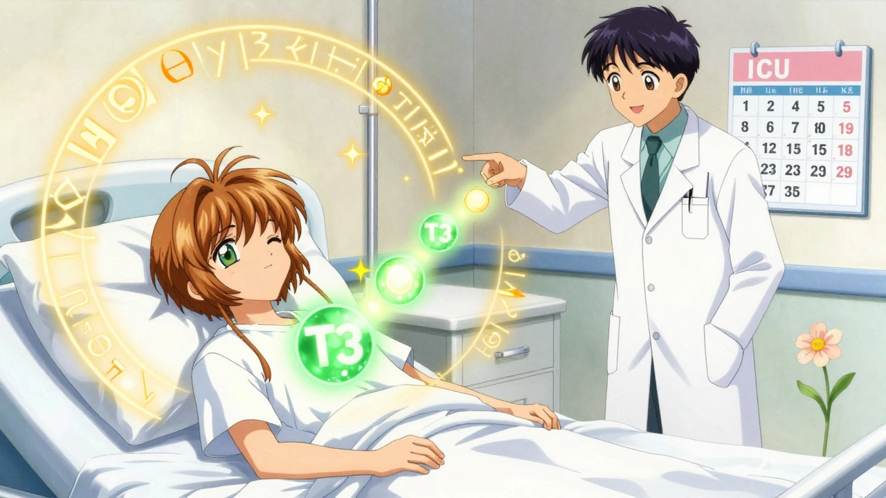 A recovering patient awakening as fading hormone runes dissolve, replaced by new glowing orbs of healthy thyroid hormones.