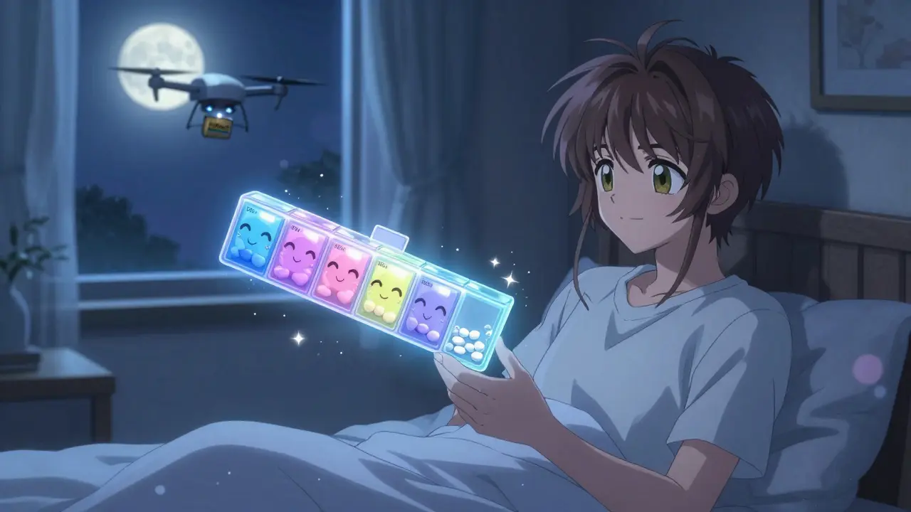 A teen watches a glowing, animated pill organizer sort daily meds above their bed under soft moonlight.
